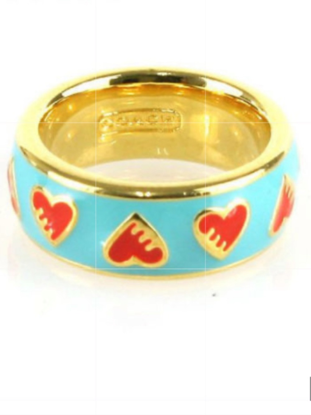 Coach Poppy Ring Gold Tone Enamel Turquoise and Red LIKE NEW - Picture 5 of 16